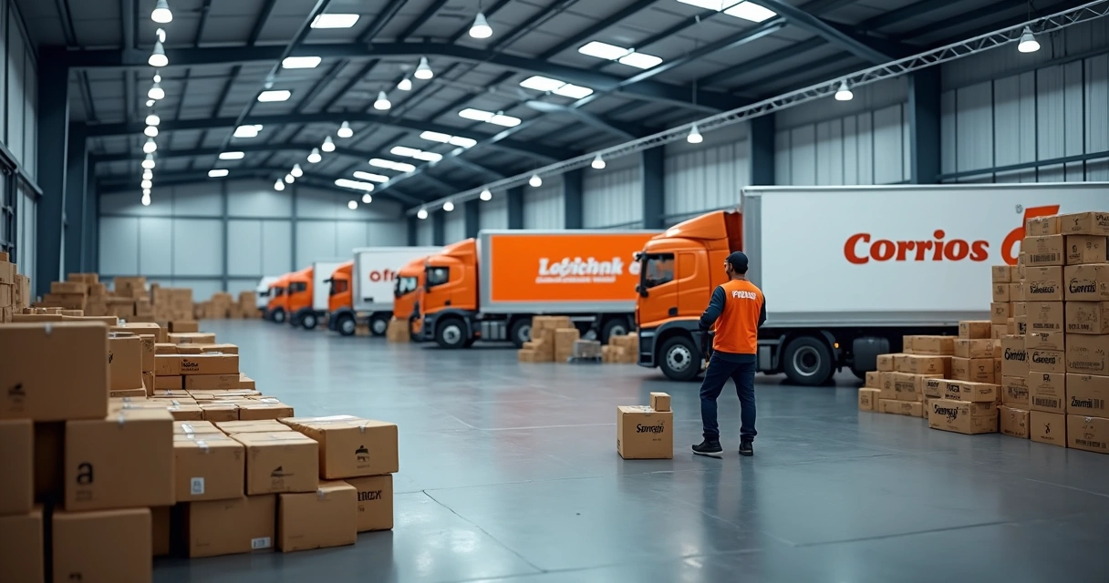 Caixas sendo distribuídas em centro logístico com funcionários em volta 