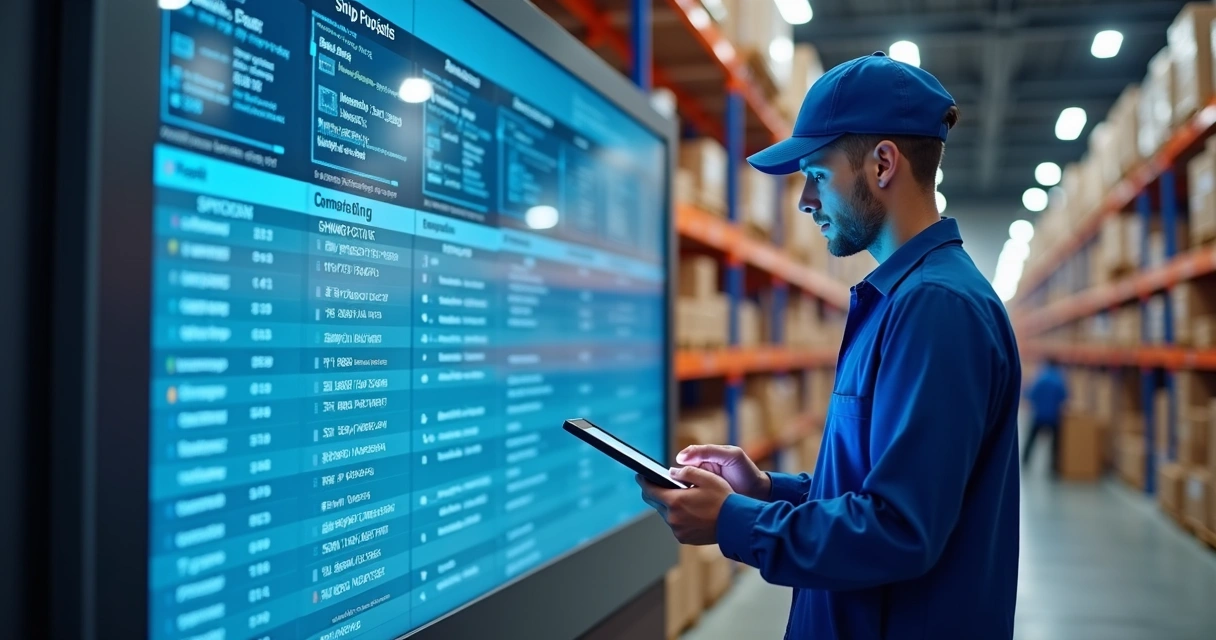Operador monitorando painel digital de logística automatizada 
