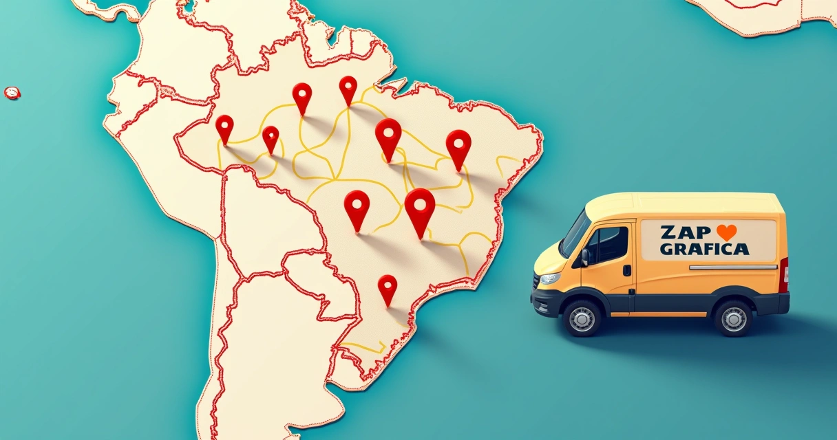 Mapa do Brasil com pontos de retirada de pedidos de gráfica marcados em destaque 