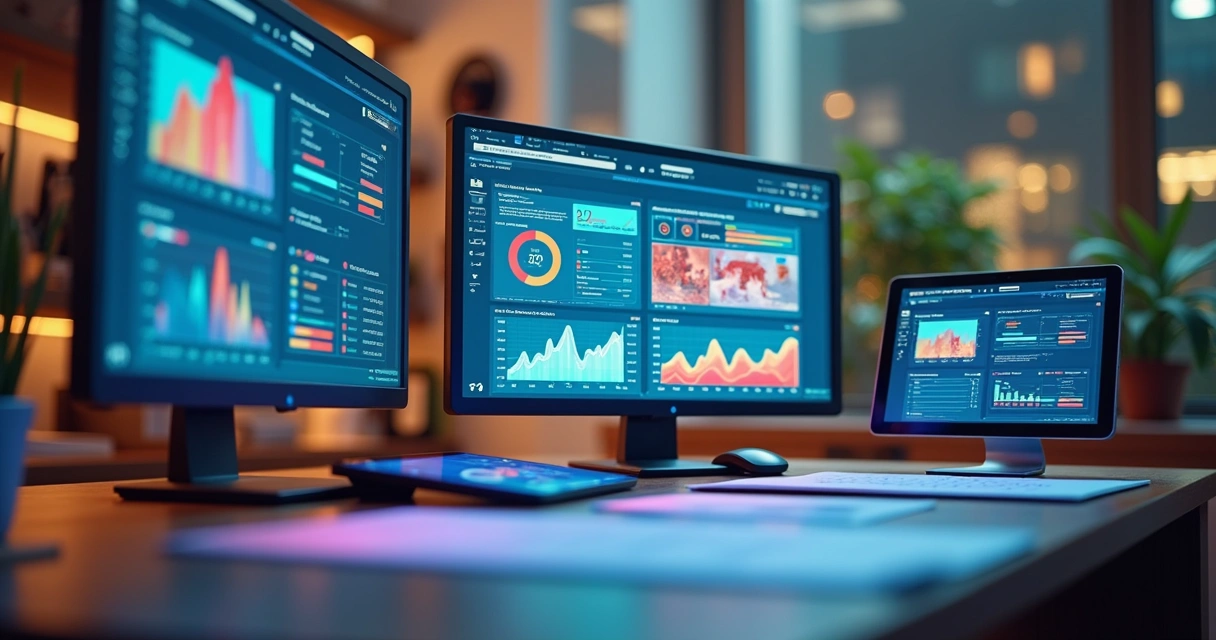 Caminhões e gráficos de campanha digital em tela de computador 