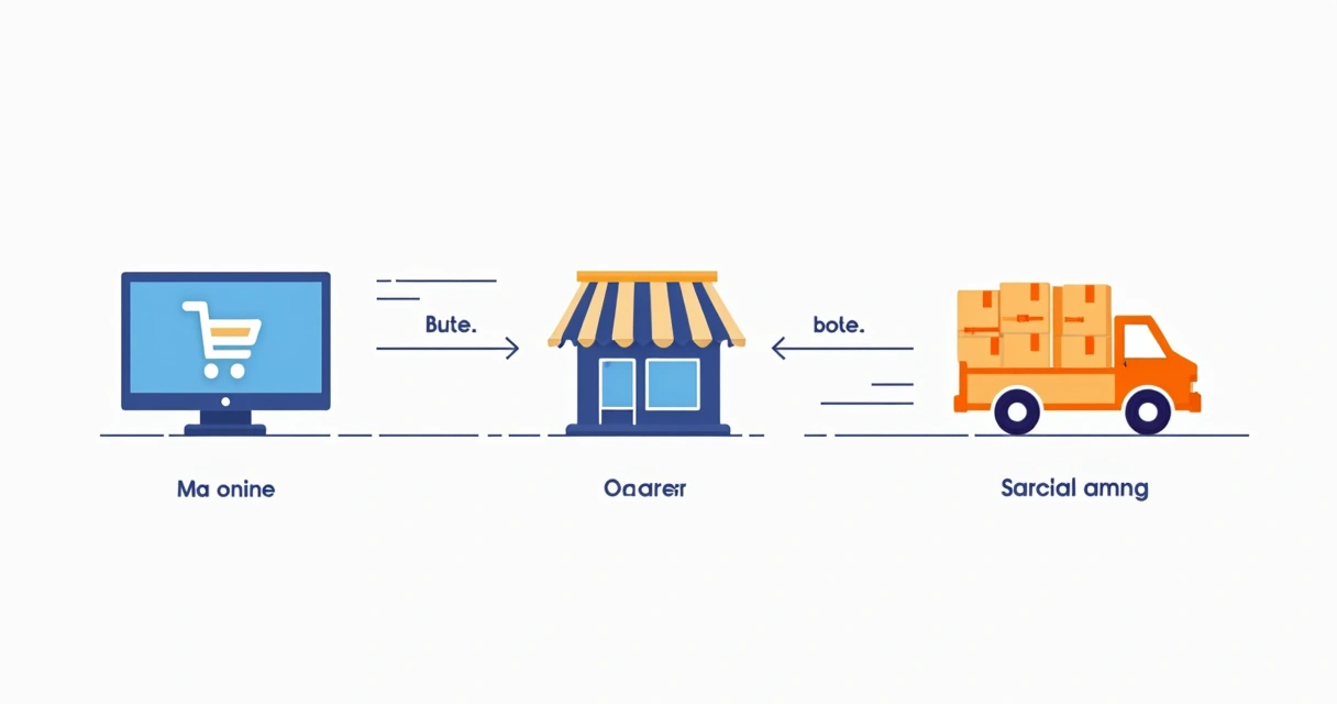 Fluxo de logística simples representando dropshipping entre loja online, loja física e fornecedor