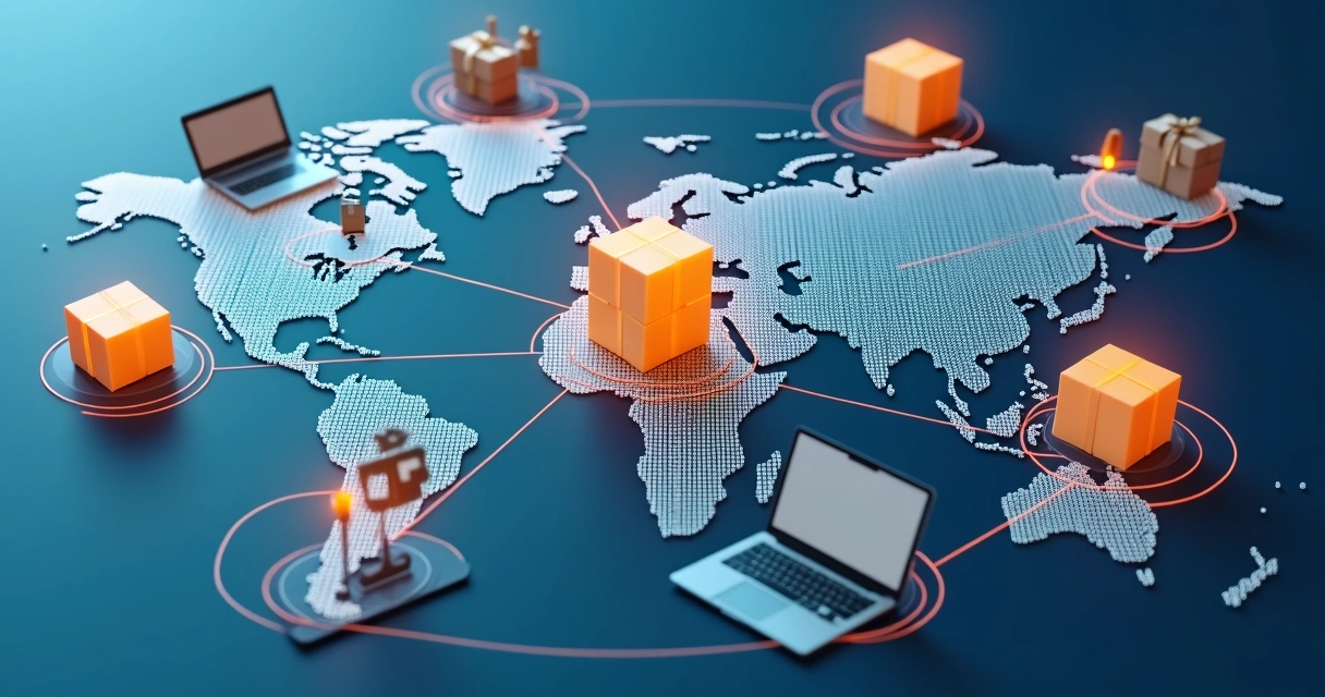 Mapas, dispositivos tecnológicos e caixas interligando lojas virtuais e fornecedores