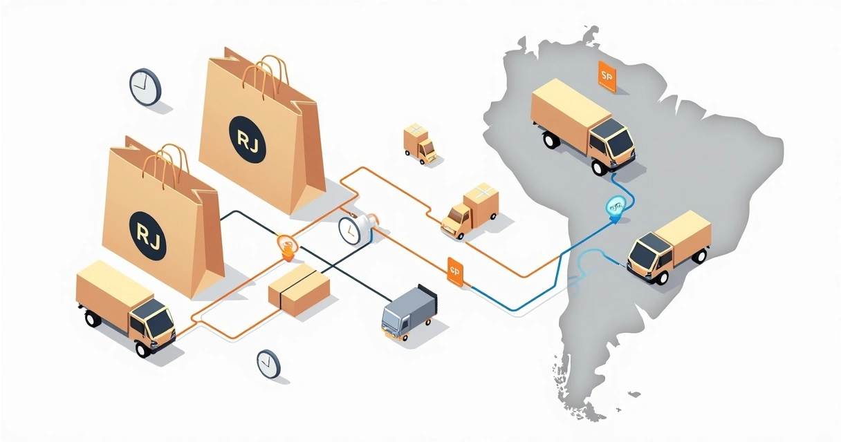 Mapa ilustrado com rotas de entrega de ecobags entre Rio e São Paulo 