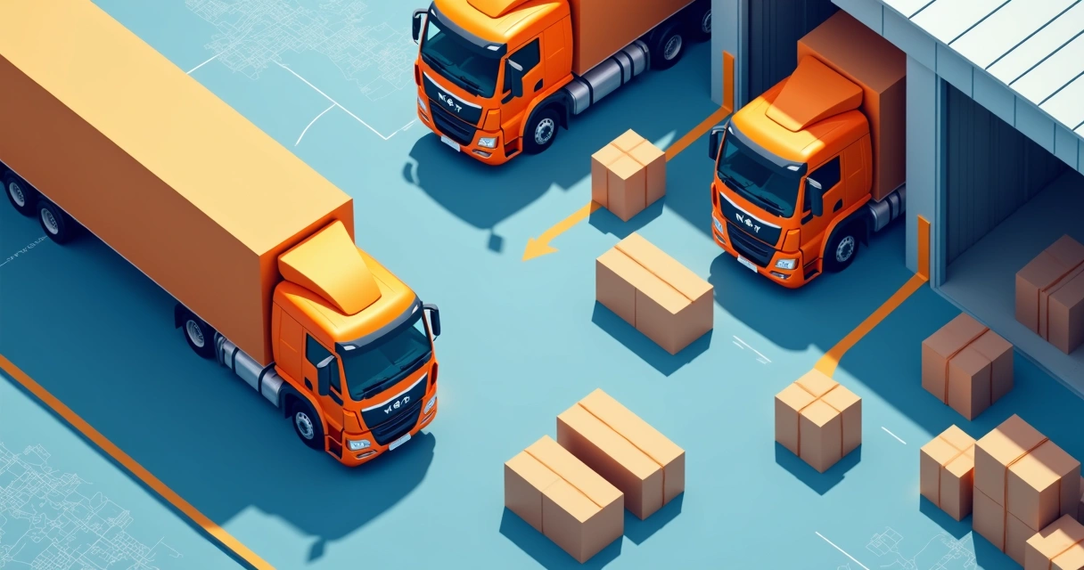 Ilustração de caminhões e caixas de produtos 