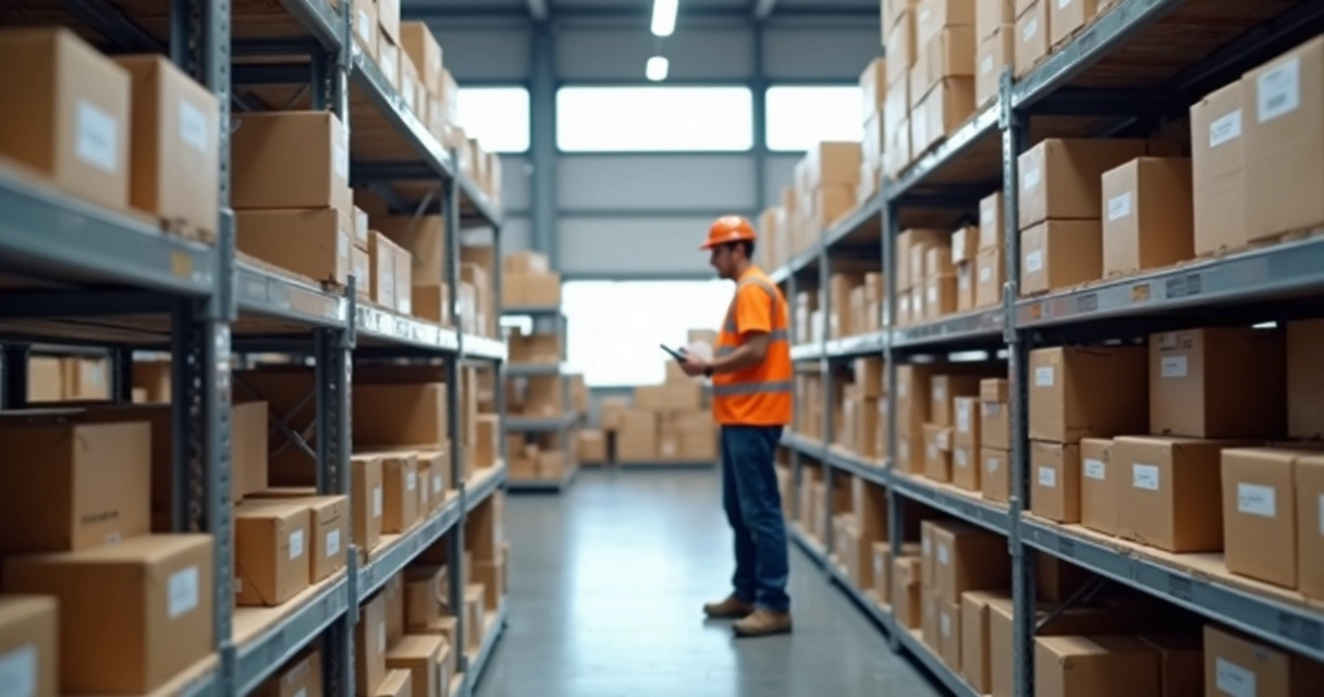 Funcionário de e-commerce organiza caixas em prateleiras de armazém 