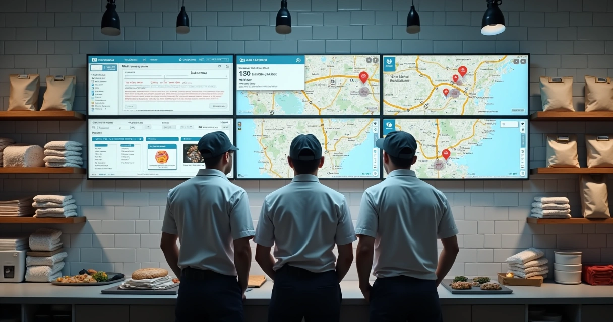 Equipe de cozinha acompanhando painéis digitais de pedidos de delivery 
