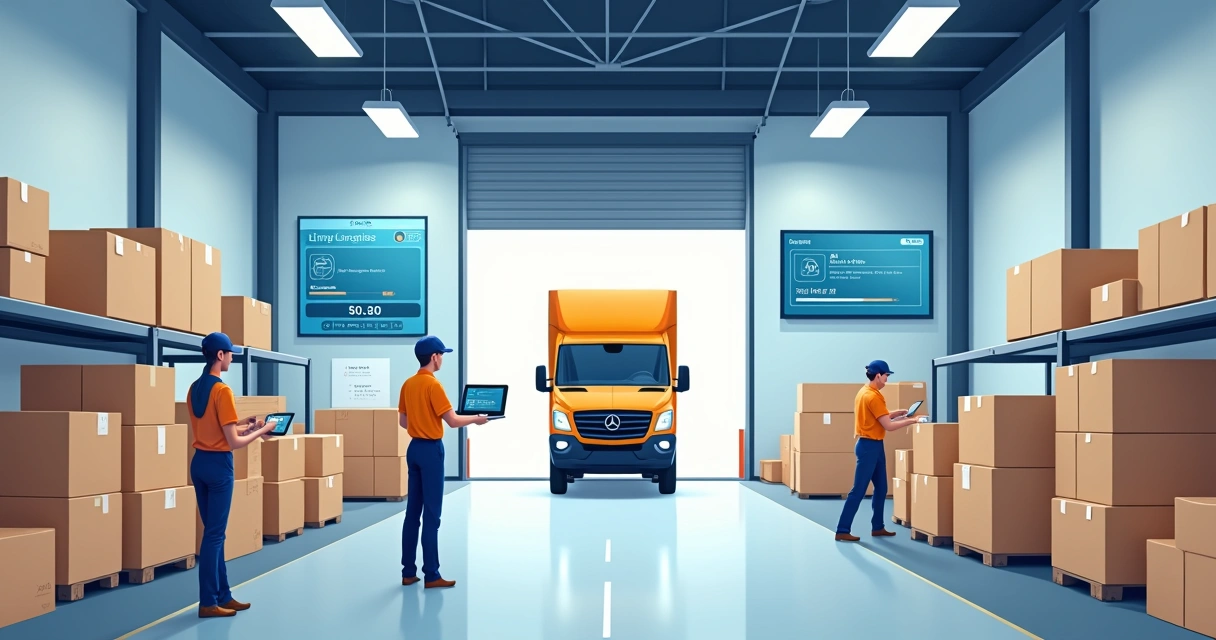 Centro de distribuição de produtos com funcionários organizando pacotes 