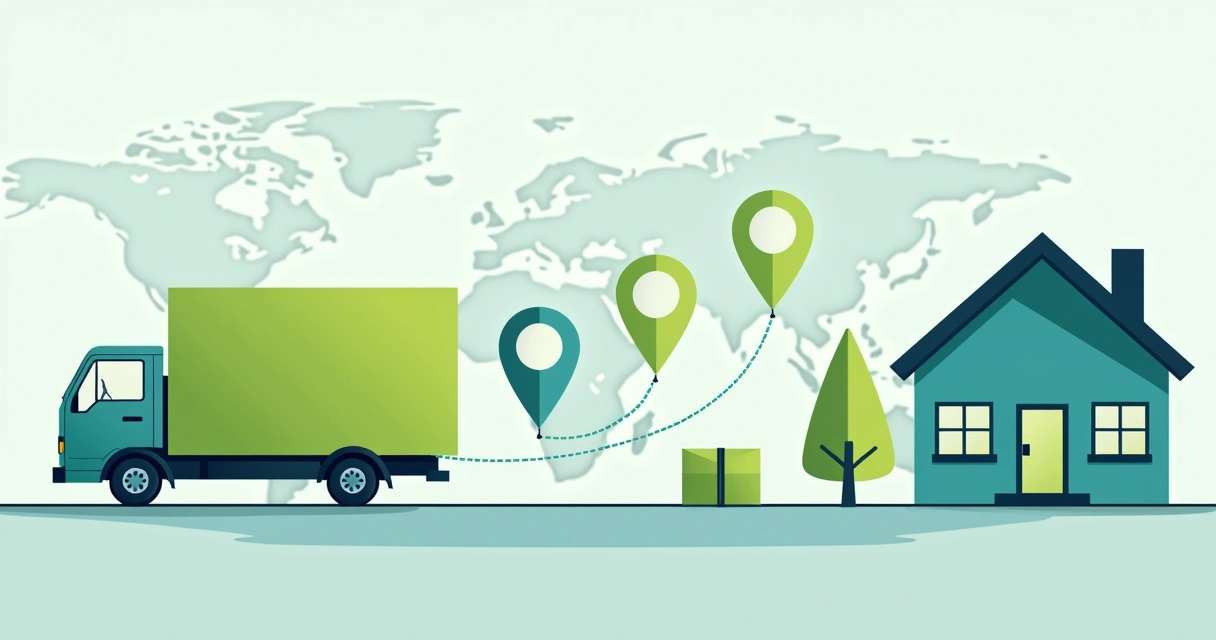 Ilustração de logística de entrega dropshipping com caminhão, galpão e pontos de rota 