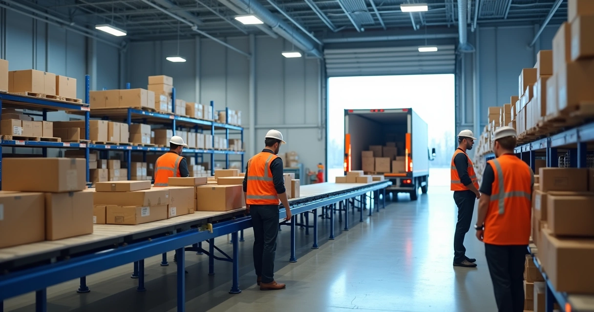 Equipe preparando encomendas para entrega em um centro logístico moderno