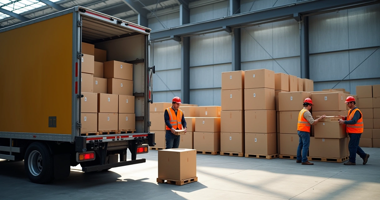 Entrega de embalagens de papelão em veículo de carga 