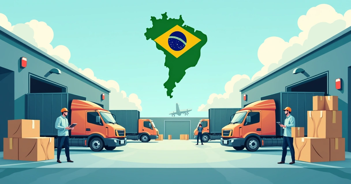 Guia prático: como montar seu e-commerce do zero em 2026 2 Ilustração de caminhões e caixas em área de expedição de um centro logístico