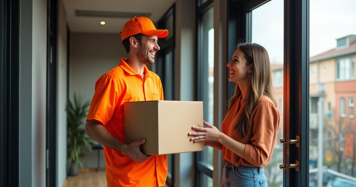 Pacote sendo entregue por entregador sorridente na porta de um apartamento