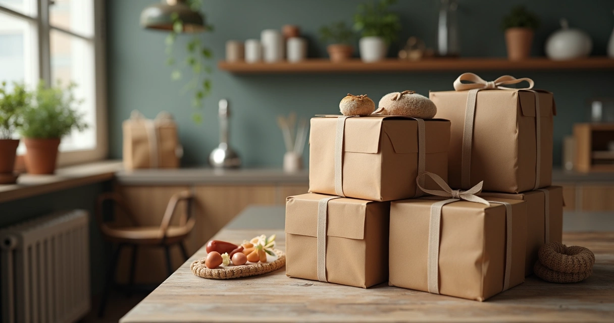 Linha de produção moderna com coqueteleiras personalizadas em esteira, equipe embalando produtos e caminhão de entrega saindo do depósito 