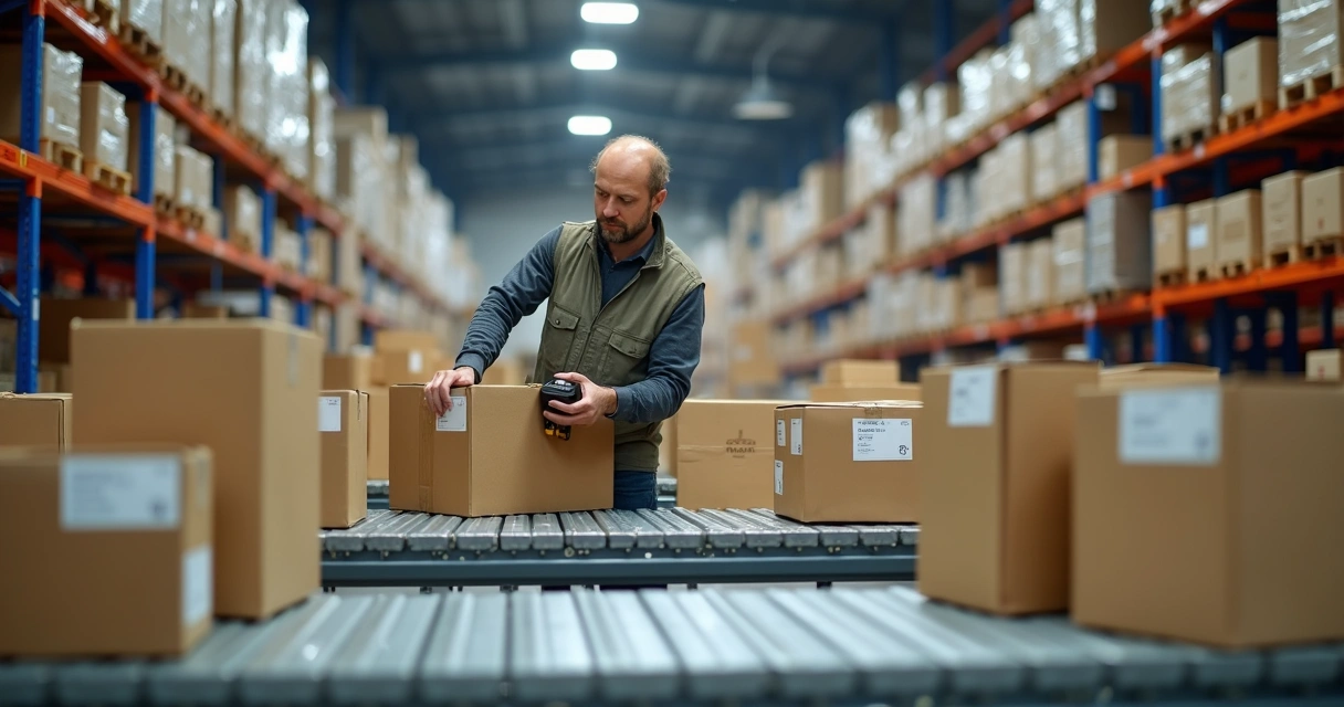 Funcionário organizando pacotes de marketplace no centro logístico 