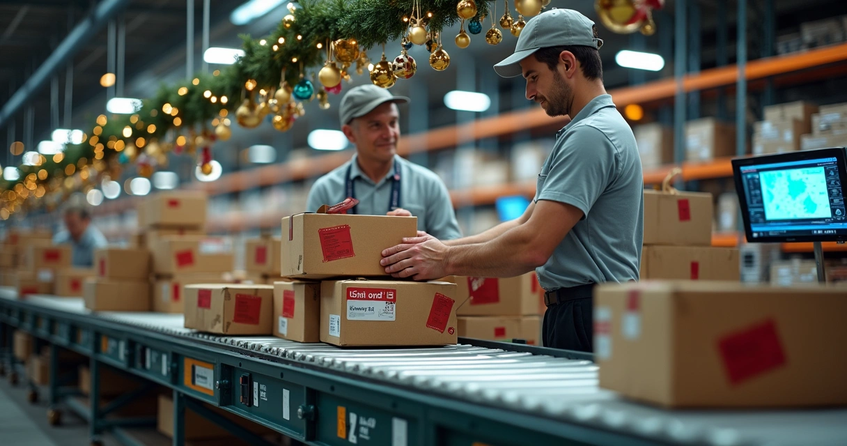 Funcionários organizando pacotes para entregas rápidas no Natal 