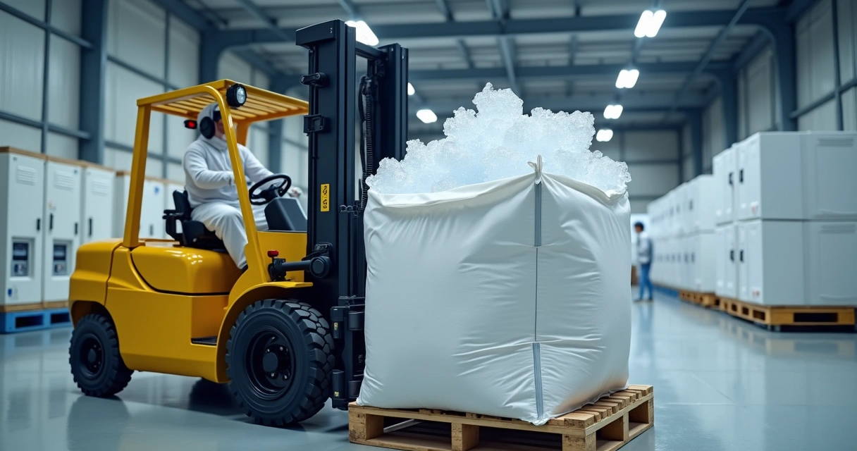 Empilhadeira movimentando big bags com gelo em galpão refrigerado 