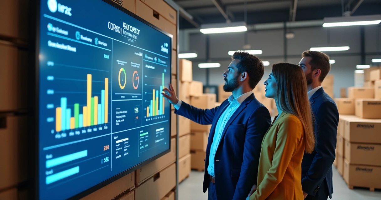 Equipe analisando estoque e logística com painel digital