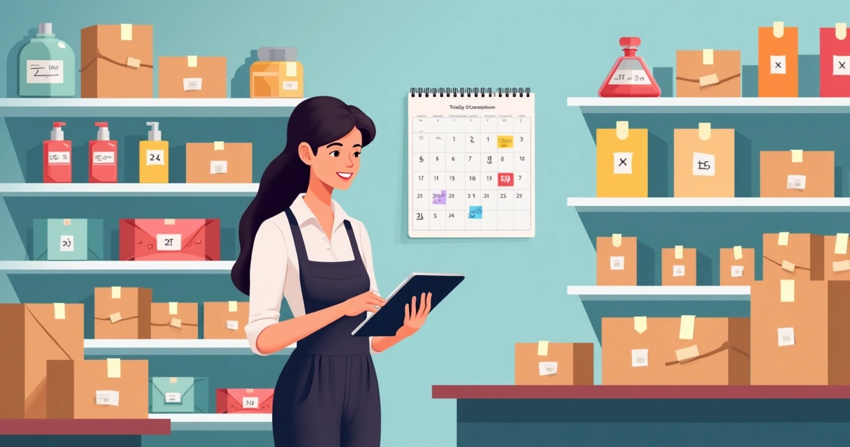 Gestor conferindo estoque com prateleiras organizadas em loja de assistência técnica