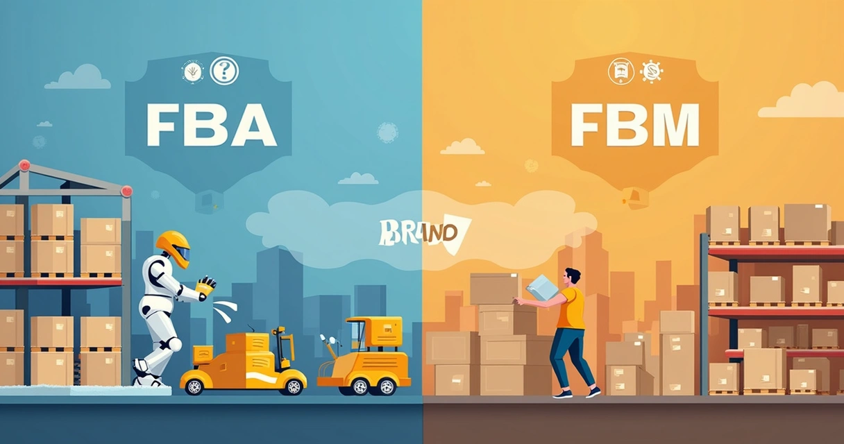 Como conquistar a Buy Box da Amazon: critérios em 2026 1 Comparação ilustrada entre logística FBA e FBM na Amazon, com galpões e caixas representando as diferentes rotas de entrega.