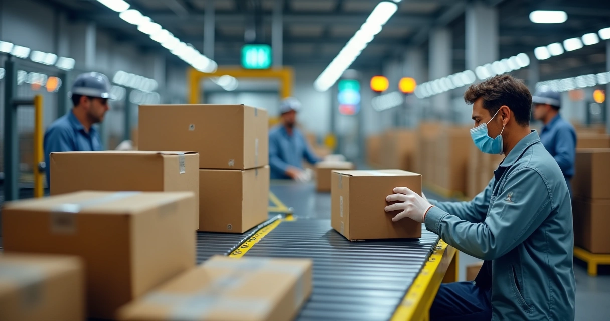 Equipe separando e embalando pedidos em centro de distribuição 