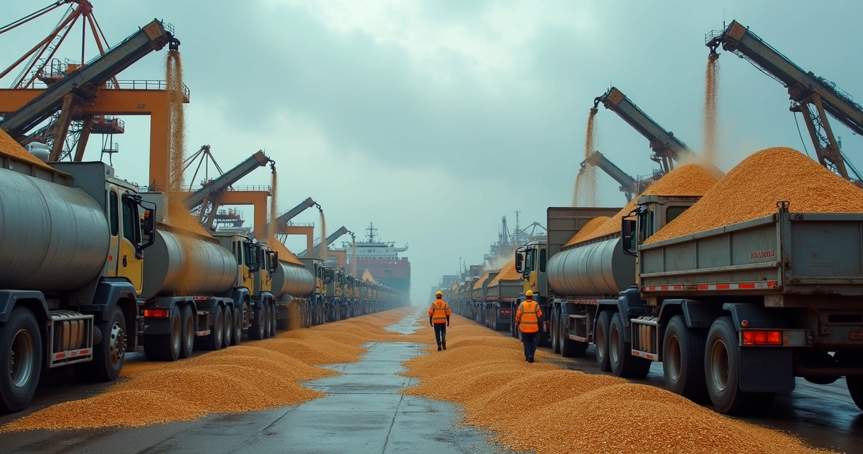 Caminhões carregando grãos em terminal de exportação 