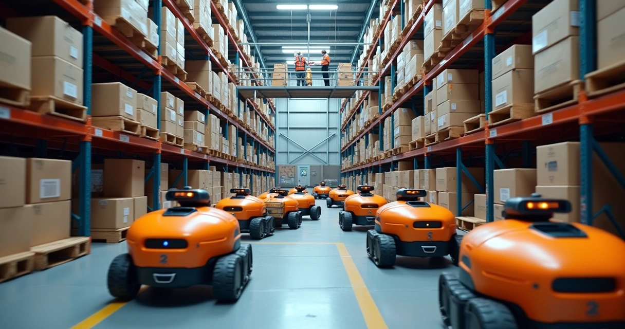 Robôs autônomos em armazém movimentando mercadorias entre prateleiras altas 