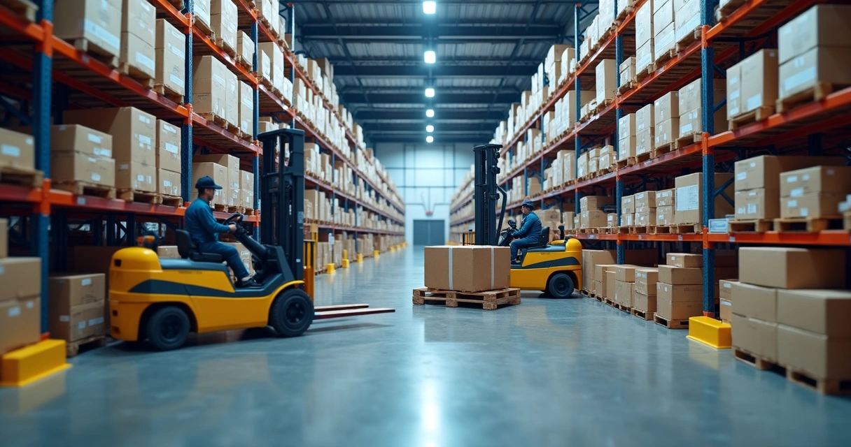 Empilhadeira automatizada opera em centro logístico de alta tecnologia 