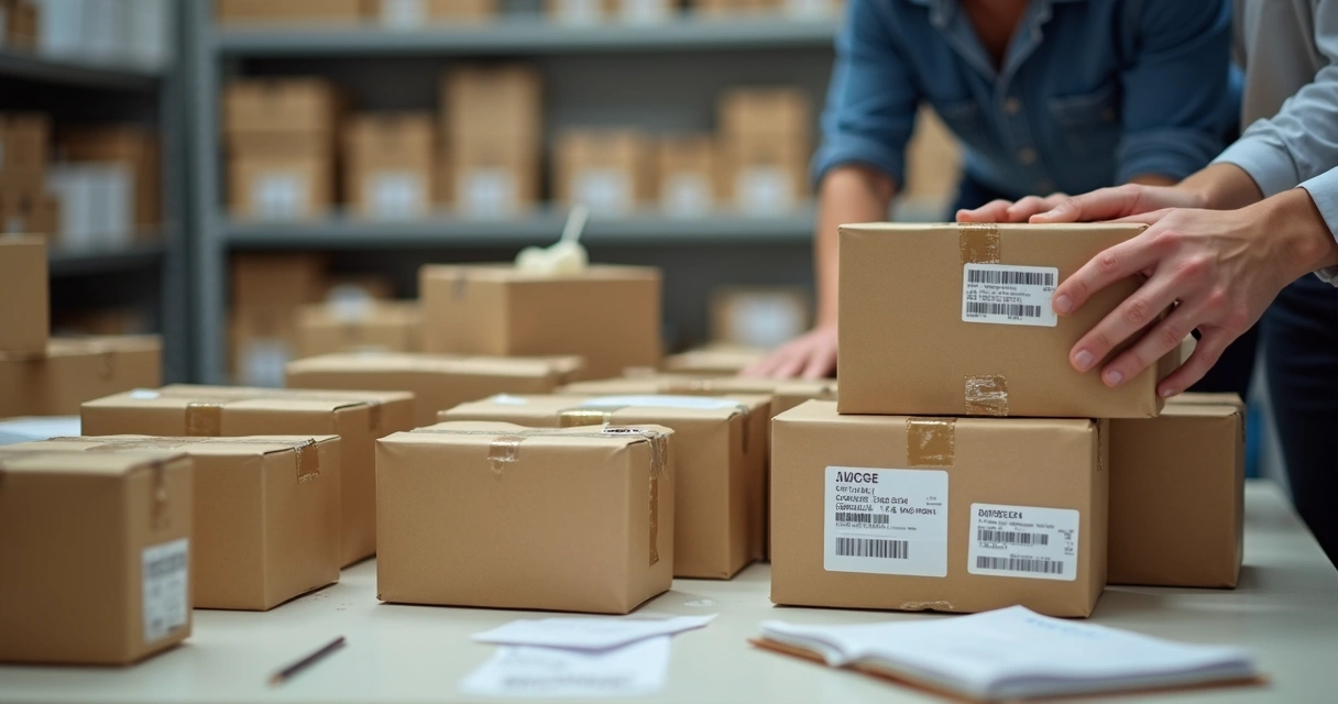 Embalagens sendo preparadas para envio em armazém 