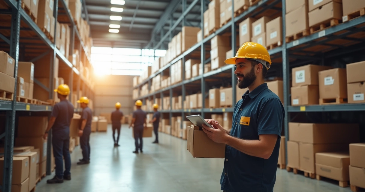 Centro de distribuição com caixas etiquetadas, representando operação logística em diferentes estados 