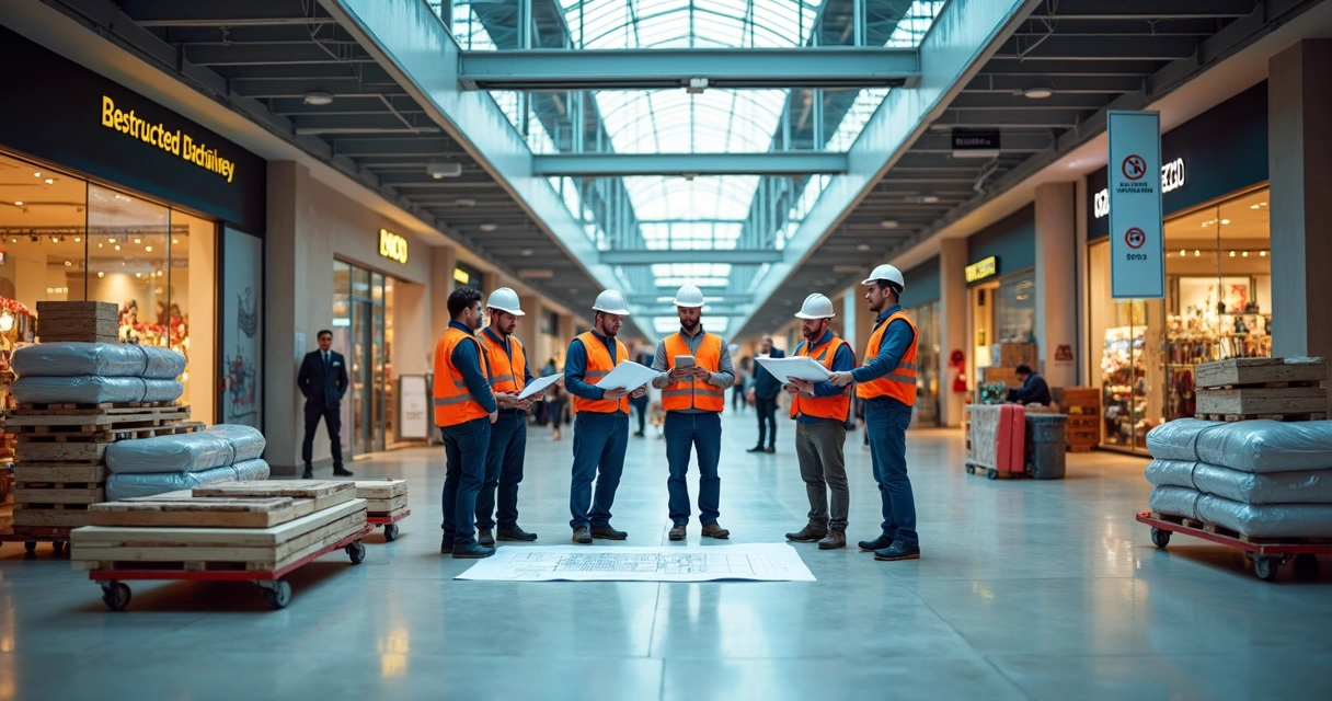 Equipe organizando logística de obra em loja de shopping 