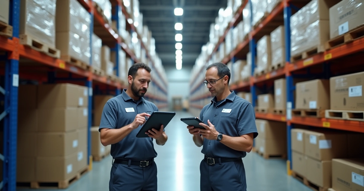 Área ampla de centro de distribuição moderno com prateleiras organizadas e trabalhadores utilizando dispositivos móveis para picking de pedidos 