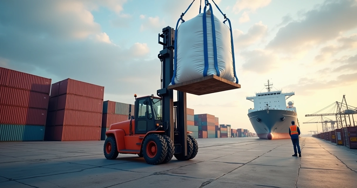Empilhadeira transportando big bag em porto de exportação