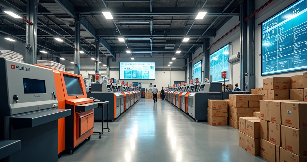 Logística e produção em grande gráfica com equipamentos modernos e funcionários trabalhando 