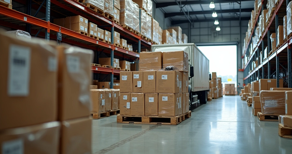Paletes com caixas de alimentos organizados em caminhão de transporte 