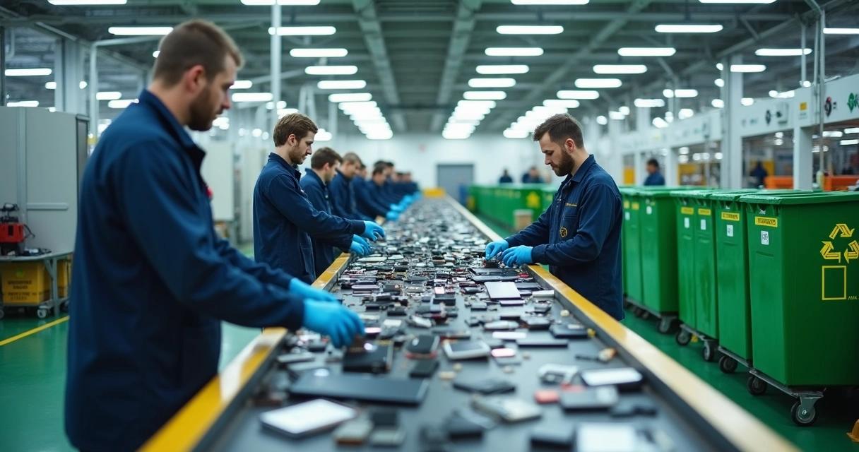 Funcionários manuseando dispositivos eletrônicos para reciclagem em esteira