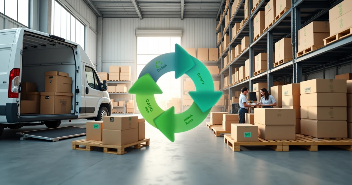 Conceito de logística reversa com produtos retornando ao centro de distribuição 