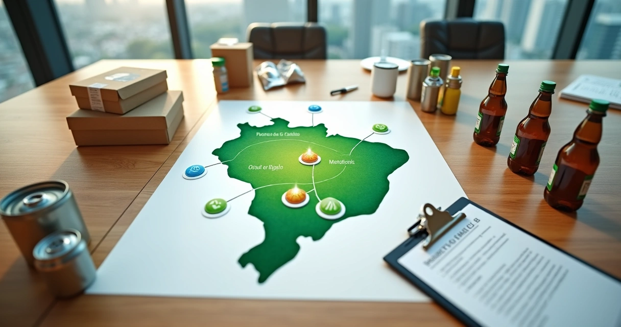 Mapa de Santa Catarina em mesa com embalagens e ícones de reciclagem 