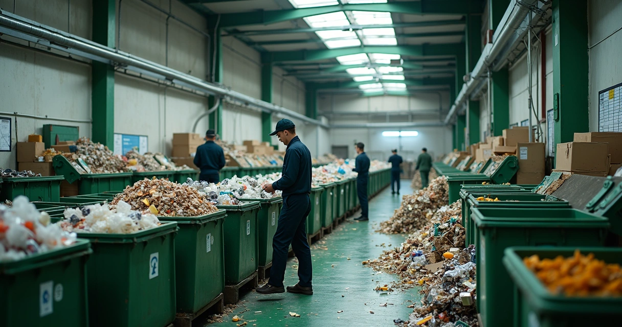 Cooperativa de reciclagem separando resíduos diversos
