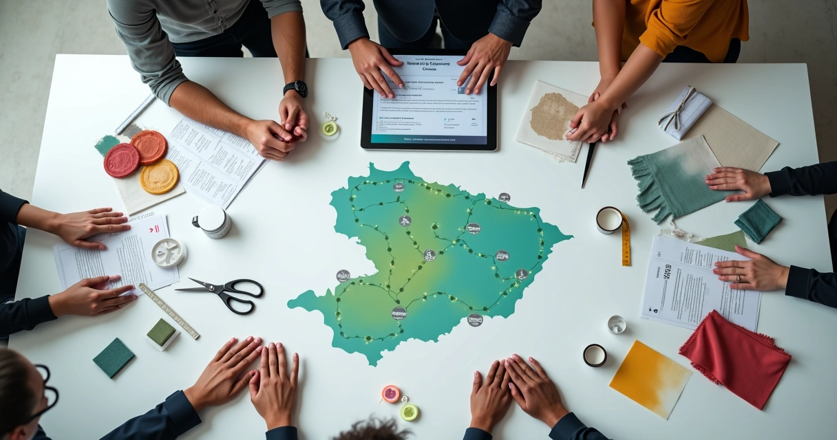 Mapa do Ceará em mesa de reunião cercado por amostras têxteis e ícones de reciclagem 