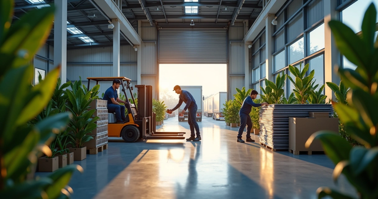 Equipe manuseando painéis solares com logística sustentável 