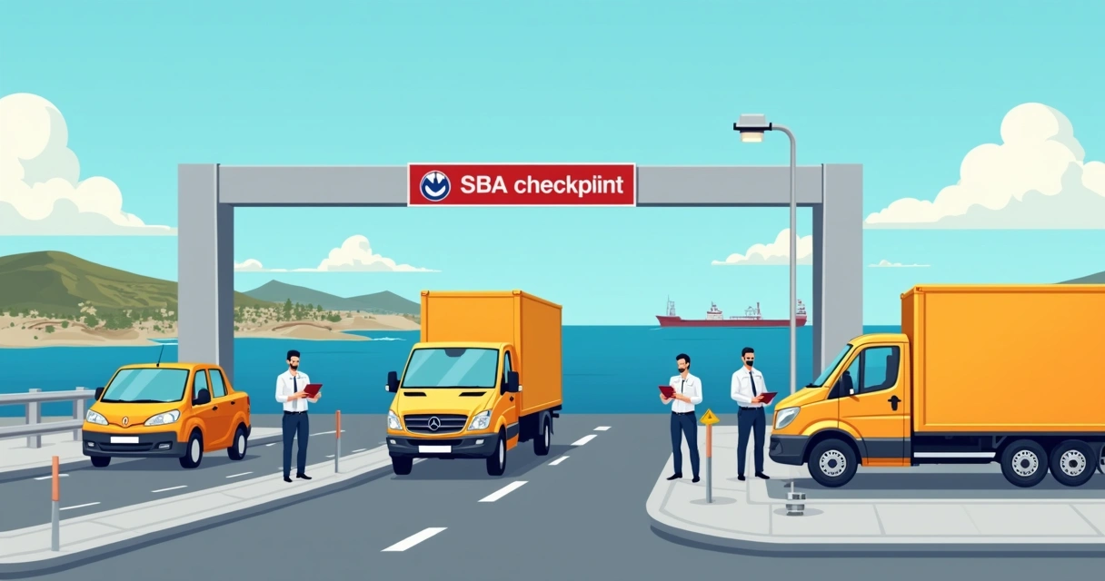 Trucks and business vehicles waiting at new checkpoint barrier near Limassol, Cyprus 