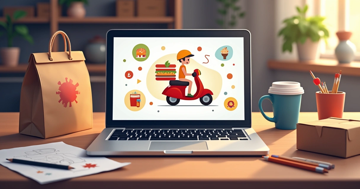 Logo criativo de delivery em tela digital de laptop com utensílios de cozinha ao redor 