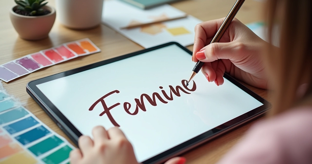 Logotipo estilizado de uma empresa feminina, linhas curvas e fundo suave com tons claros 