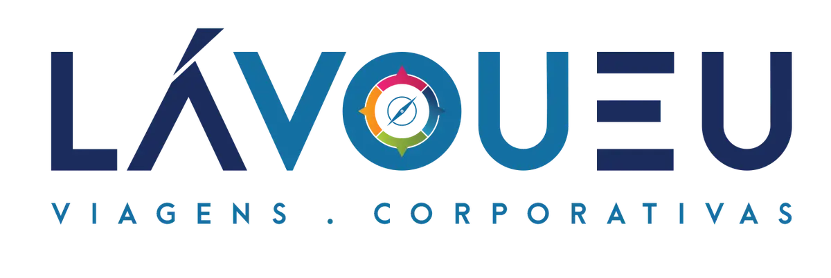 Logotipo da La Vou Eu Viagens Corporativas com texto em azul e símbolo colorido central