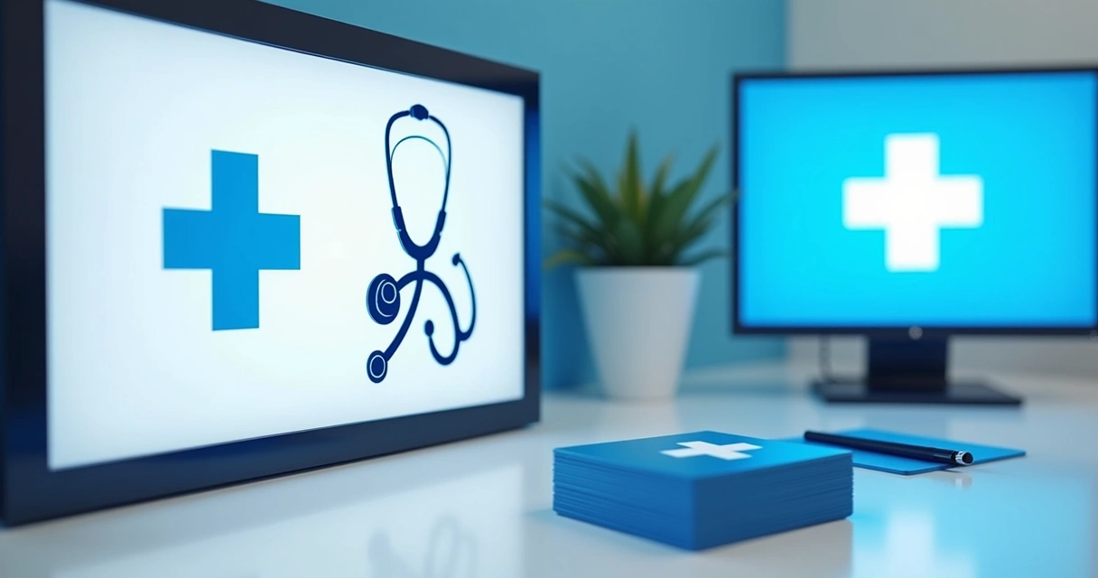 Logotipo moderno de consultório médico em azul e branco 