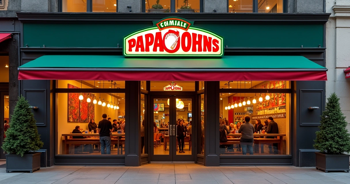 Fachada de loja Papa Johns com logotipo visível e decoração temática 