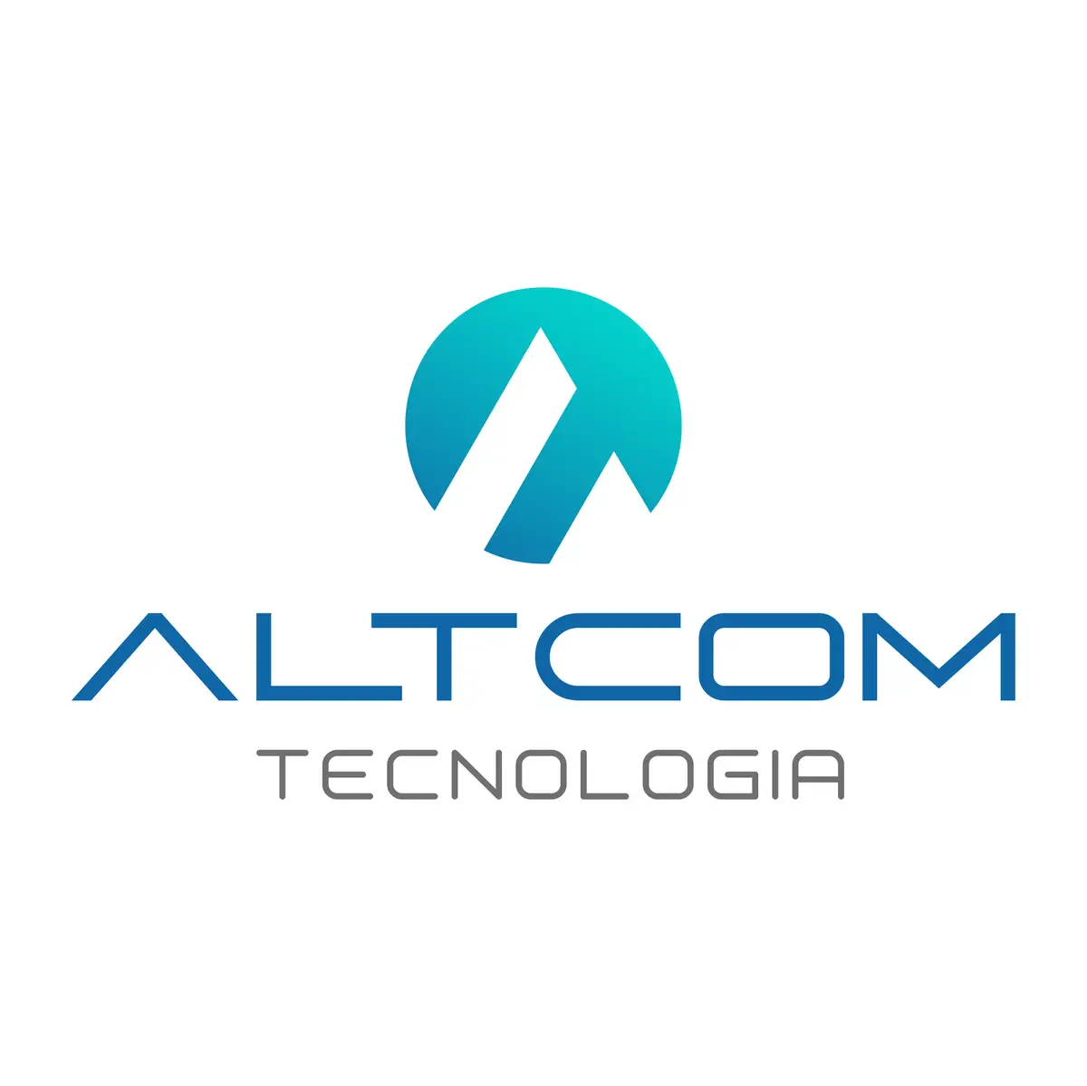 Logotipo da empresa Altcom Tecnologia com símbolo circular azul degradê e nome em letras azuis e cinza