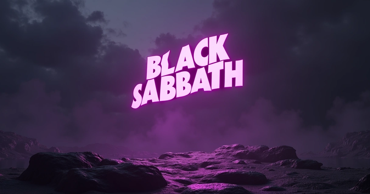 Logotipo do Black Sabbath flutuando sobre cenário escuro com luz roxa