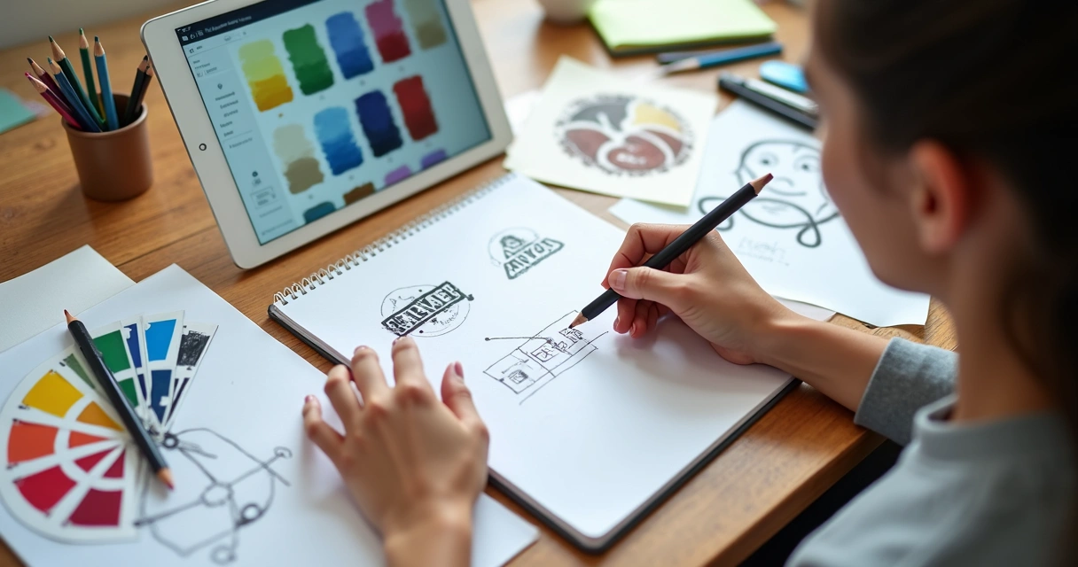Desenhista criando logotipo em caderno de esboço 