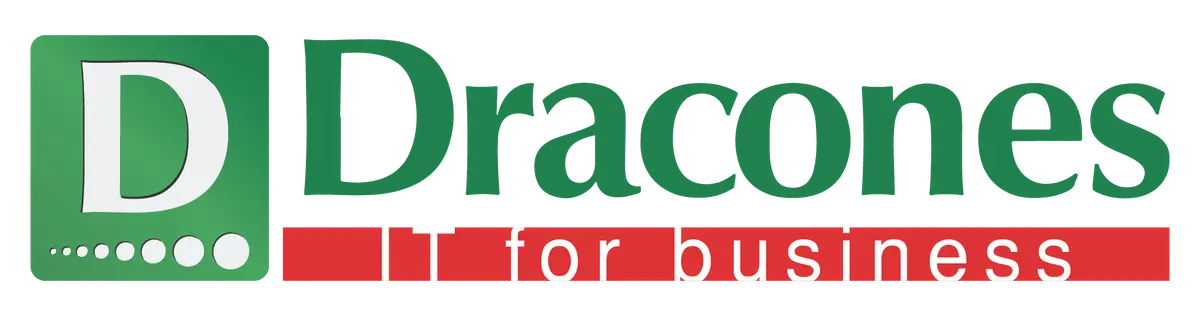 Logotipo da Dracones IT com letra D verde e texto IT for business em fundo vermelho